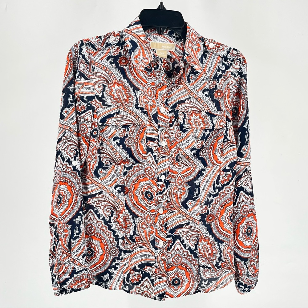Michael Kors Navy and Orange Paisley Button-Down Shirt